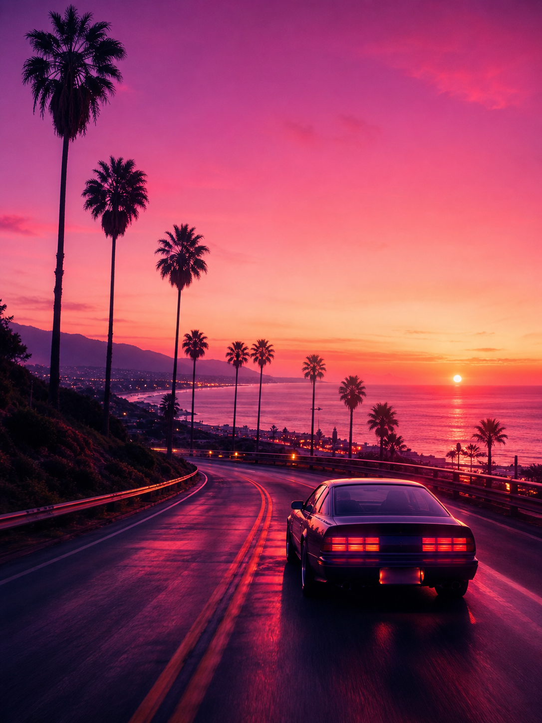 A neon sunset drive along a palm-lined coast